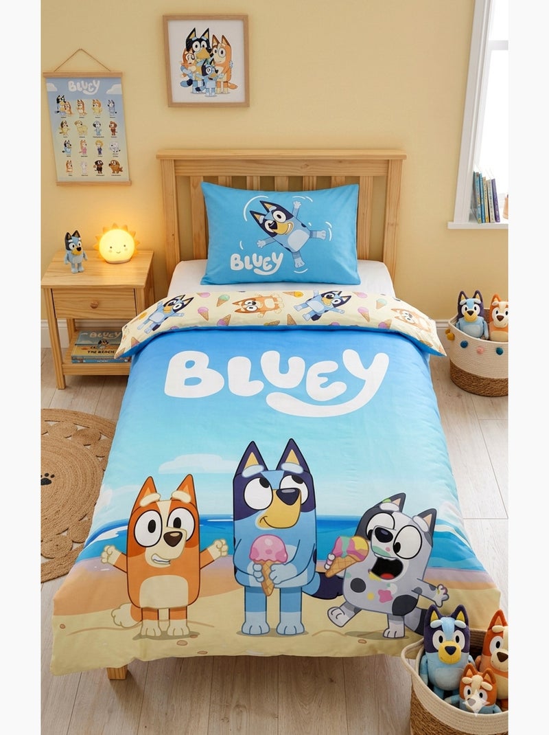 Parure de Lit Enfant Bluey, 100% Coton Oeko-Tex, Lit 1 place, NATATION Bleu Bleu - Kiabi