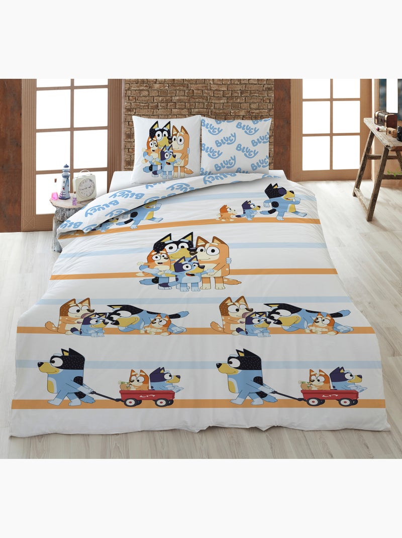 Parure de Lit Enfant Bluey Famille 140x200 cm + Taie 65x65 cm 100% Coton Beige/Blanc - Kiabi