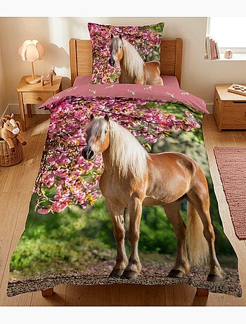 Parure de Lit Enfant Cheval Blond, 100% Coton Oeko Tex, Lit 1 Place, CHEVAUX