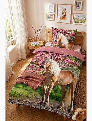 Parure de Lit Enfant Cheval Blond, 100% Coton Oeko Tex, Lit 1 Place, CHEVAUX