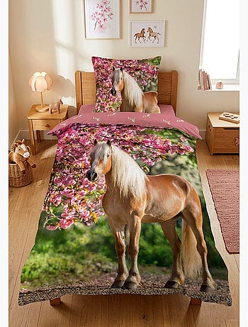 Parure de Lit Enfant Cheval Blond, 100% Coton Oeko Tex, Lit 1 Place, CHEVAUX