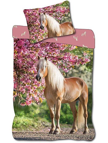 Parure de Lit Enfant Cheval Blond, 100% Coton Oeko Tex, Lit 1 Place, CHEVAUX