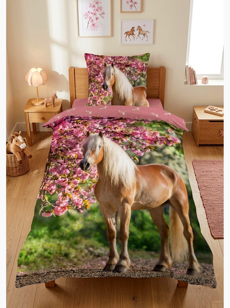 Parure de Lit Enfant Cheval Blond, 100% Coton Oeko Tex, Lit 1 Place, CHEVAUX Rose - Kiabi