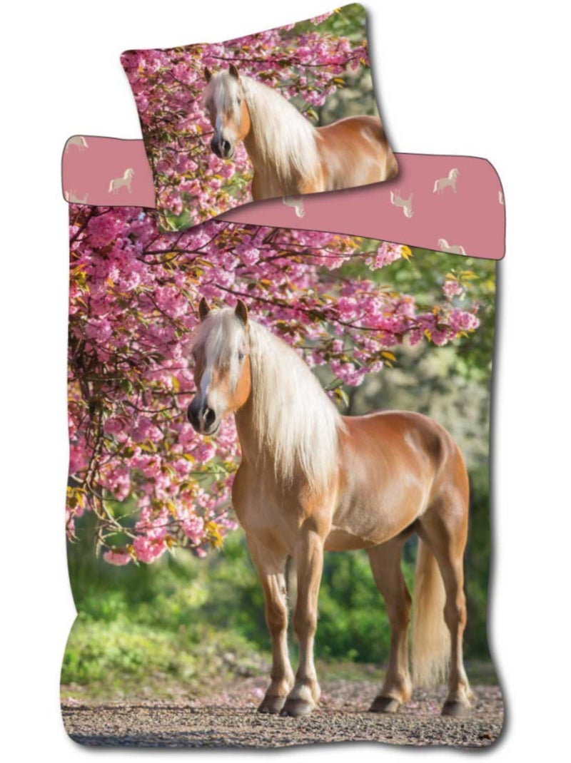 Parure de Lit Enfant Cheval Blond, 100% Coton Oeko Tex, Lit 1 Place, CHEVAUX Rose - Kiabi