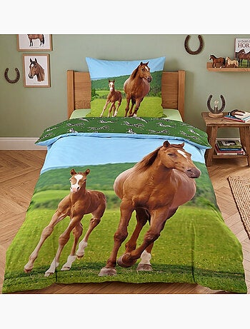 Parure de Lit Enfant Cheval et Poulain, 100% Coton Oeko-Tex, Lit 1 place, CHEVAUX