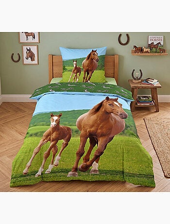 Parure de Lit Enfant Cheval et Poulain, 100% Coton Oeko-Tex, Lit 1 place, CHEVAUX