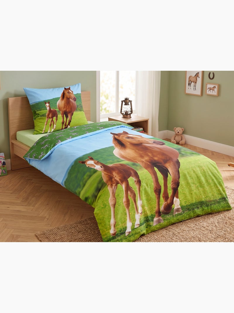 Parure de Lit Enfant Cheval et Poulain, 100% Coton Oeko-Tex, Lit 1 place, CHEVAUX Vert - Kiabi