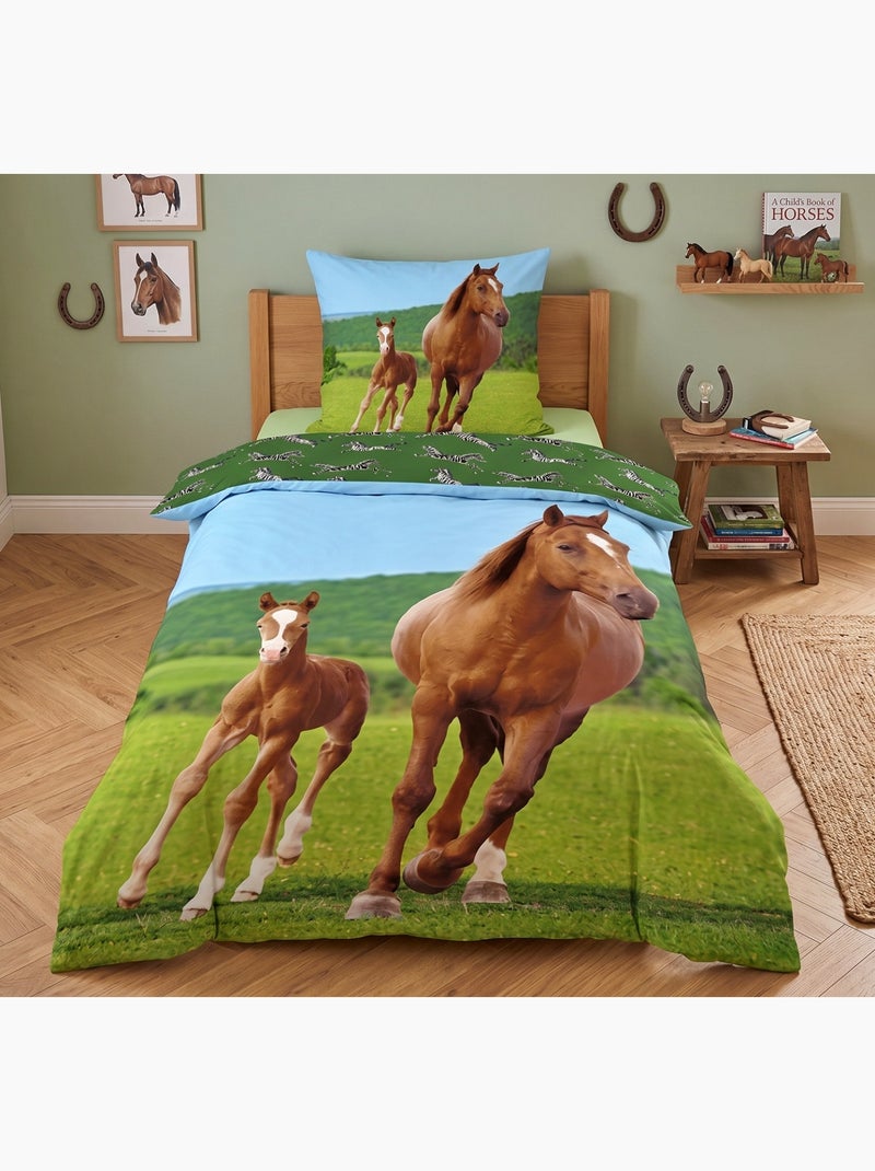 Parure de Lit Enfant Cheval et Poulain, 100% Coton Oeko-Tex, Lit 1 place, CHEVAUX Vert - Kiabi