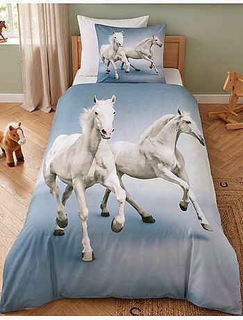 Parure de Lit Enfant Chevaux Blancs, 100% Coton Oeko-Tex, Lit 1 place, CHEVAL