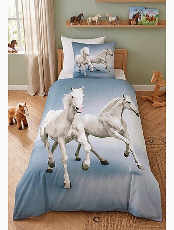 Parure de Lit Enfant Chevaux Blancs, 100% Coton Oeko-Tex, Lit 1 place, CHEVAL