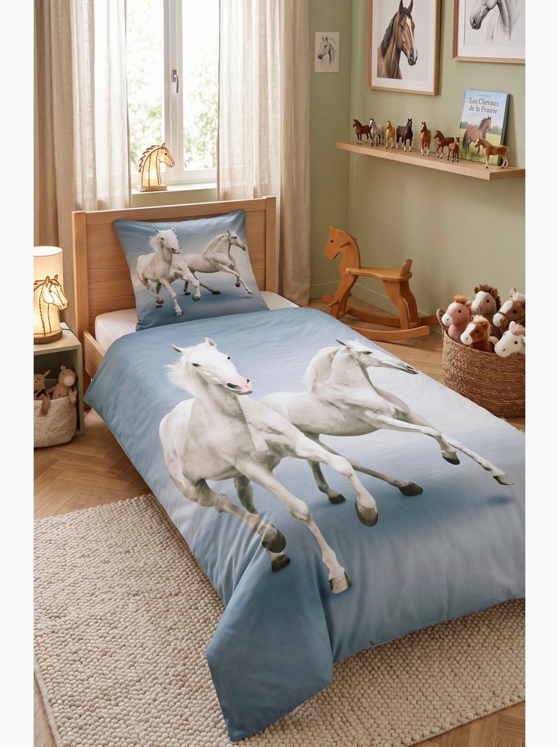 Parure de Lit Enfant Chevaux Blancs, 100% Coton Oeko-Tex, Lit 1 place, CHEVAL Bleu Bleu - Kiabi