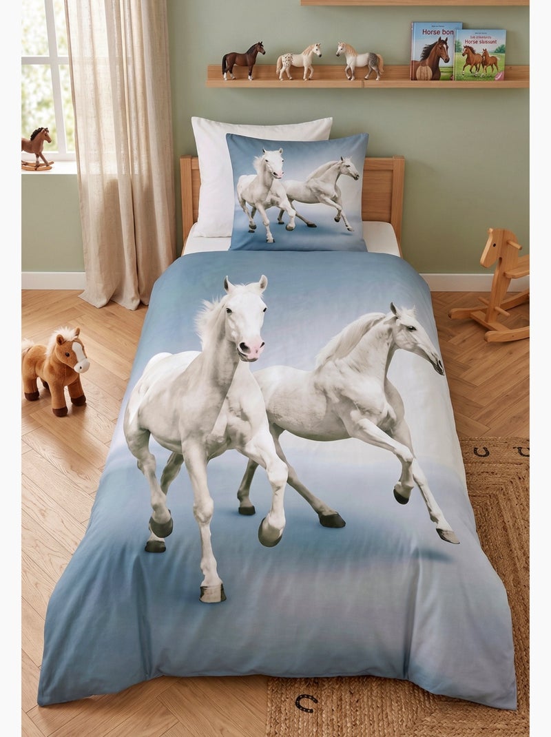Parure de Lit Enfant Chevaux Blancs, 100% Coton Oeko-Tex, Lit 1 place, CHEVAL Bleu Bleu - Kiabi