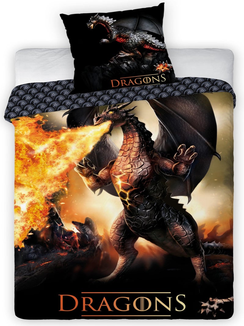 Parure de Lit Enfant Coton Dragons De Feux Noir - Kiabi