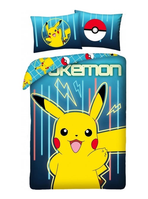 Parure de Lit Enfant Coton Pikachu Neon - Kiabi