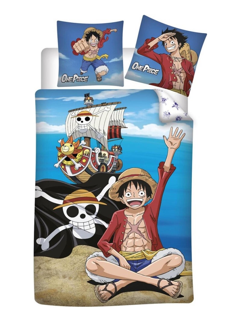 Parure de Lit Enfant Coton Réversible Manga Luffy Mugiwara Bleu - Kiabi