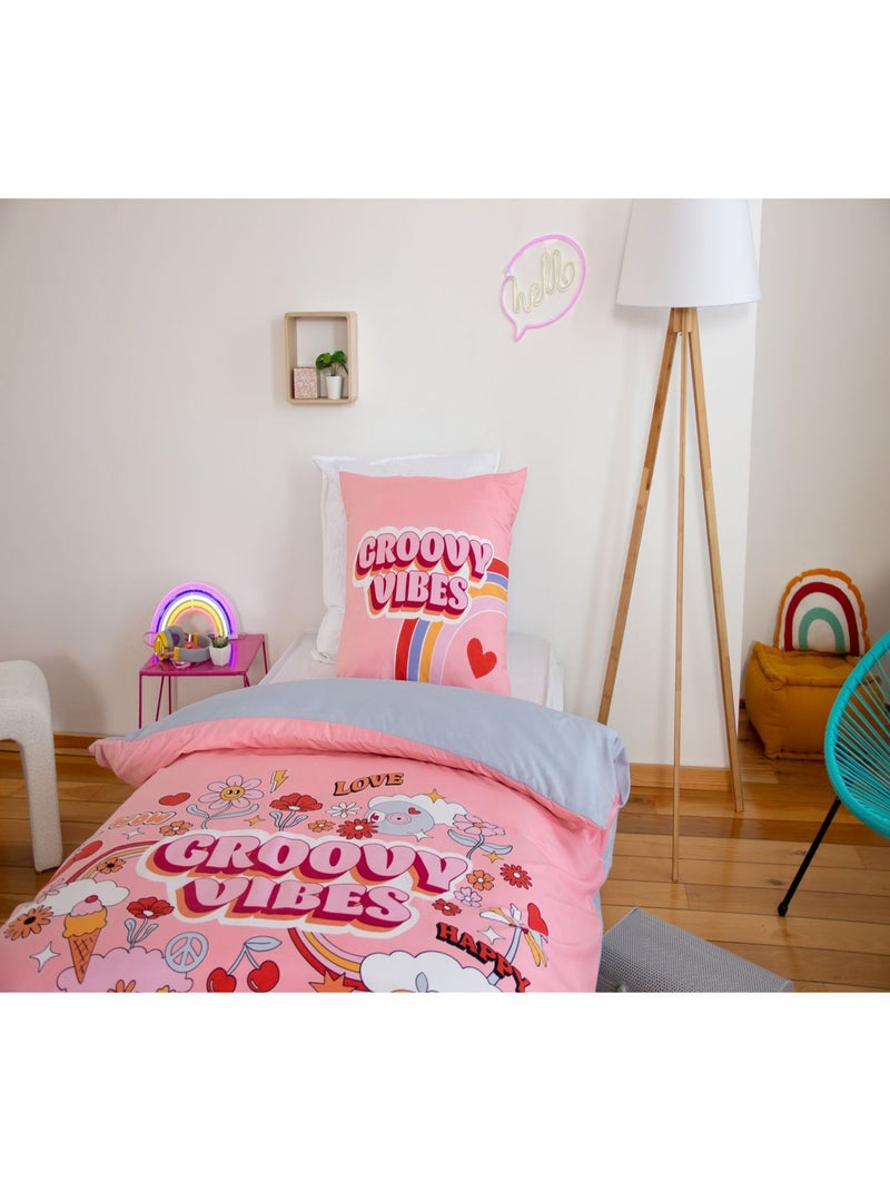 Parure de lit enfant en polyester motif coloré fun GROOVY VIBES Rose - Kiabi