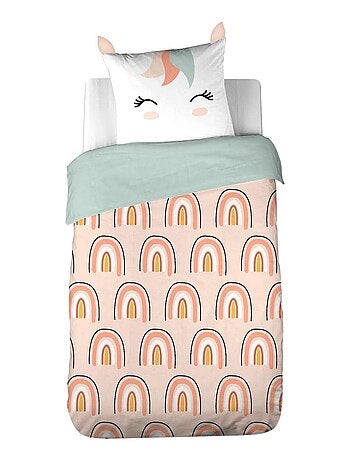 Parure de lit enfant en polyester motif licorne avec oreilles ludiques
