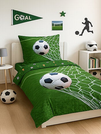 Parure de Lit Enfant Football, 100% Coton Oeko-Tex, Imprimée Réversible, Lit 1 Place, BALLON