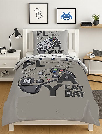 Parure de Lit Enfant Gamer, 100% Coton Oeko-Tex, Imprimée Réversible, Lit 1 Place, GAMING