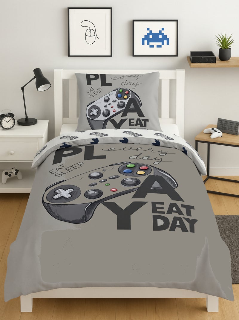 Parure de Lit Enfant Gamer, 100% Coton Oeko-Tex, Imprimée Réversible, Lit 1 Place, GAMING Gris - Kiabi