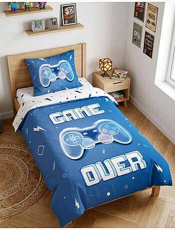 Parure de Lit Enfant Gamer Bleue, 100% Coton Oeko-Tex, Lit 1 place, GAMING