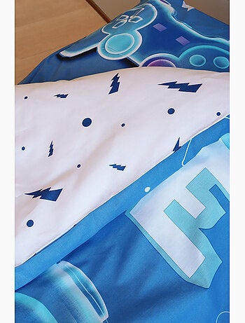 Parure de Lit Enfant Gamer Bleue, 100% Coton Oeko-Tex, Lit 1 place, GAMING