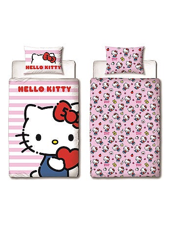 Parure de Lit Enfant Hello Kitty, Microfibre Oeko-Tex, Imprimée Réversible, Lit 1 place, CUTE