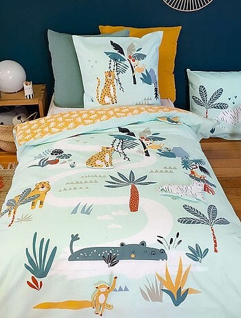 Parure de lit enfant Jungle avec animaux à scratcher - 100% coton 57 fils/cm²