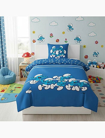 Parure de Lit Enfant Les Schtroumpfs 140x200 cm + Taie 65x65 cm Polycoton Réversible