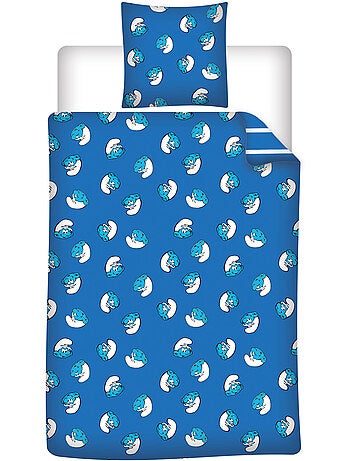 Parure de Lit Enfant Les Schtroumpfs 140x200 cm + Taie 65x65 cm Polycoton Réversible