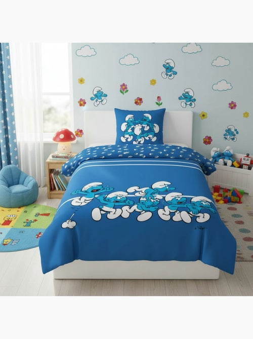 Parure de Lit Enfant Les Schtroumpfs 140x200 cm + Taie 65x65 cm Polycoton Réversible - Kiabi