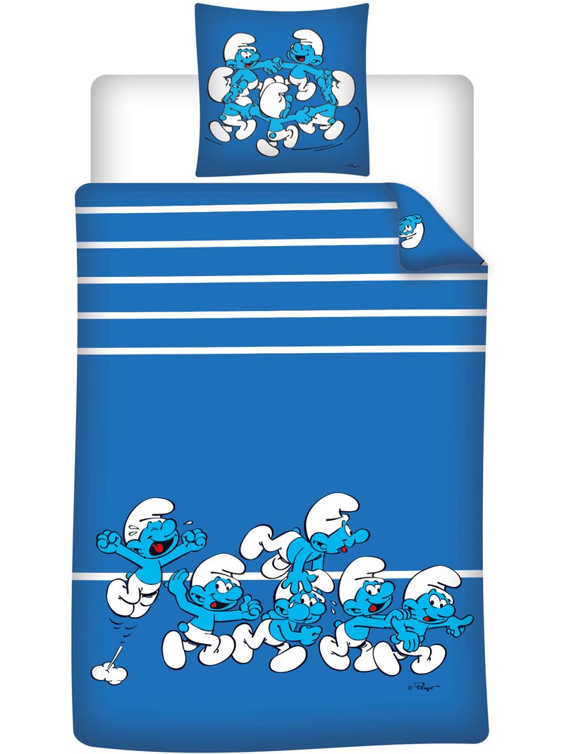Parure de Lit Enfant Les Schtroumpfs 140x200 cm + Taie 65x65 cm Polycoton Réversible Bleu Bleu - Kiabi