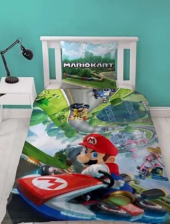 Parure de Lit Enfant Mario Kart, Microfibre Oeko-Tex, Imprimée Réversible, Lit 1 place, KARTING