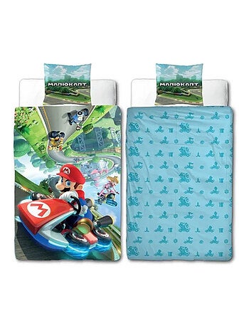 Parure de Lit Enfant Mario Kart, Microfibre Oeko-Tex, Imprimée Réversible, Lit 1 place, KARTING