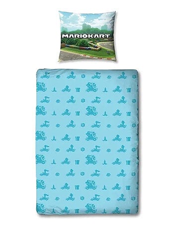Parure de Lit Enfant Mario Kart, Microfibre Oeko-Tex, Imprimée Réversible, Lit 1 place, KARTING