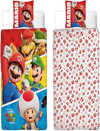 Parure de Lit Enfant Mario, Microfibre Oeko-Tex, Imprimée Réversible, Lit 1 place, LUIGI et TOAD