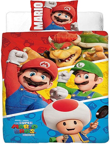Parure de Lit Enfant Mario, Microfibre Oeko-Tex, Imprimée Réversible, Lit 1 place, LUIGI et TOAD