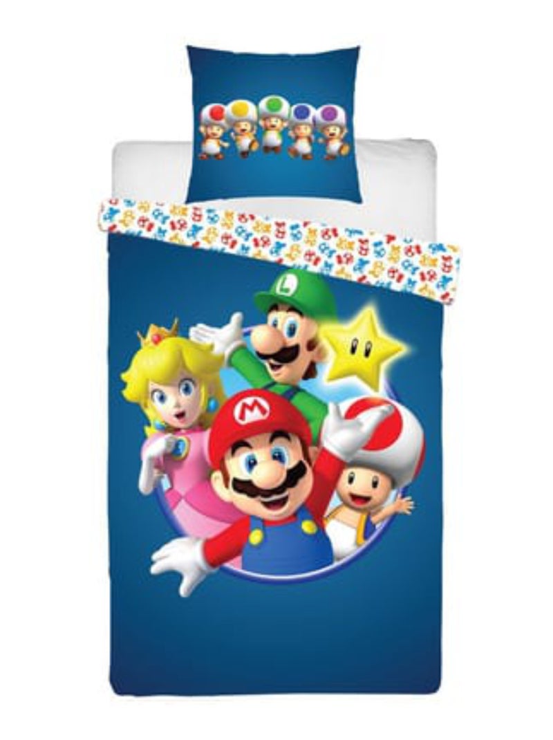 Parure de Lit Enfant Mario, Microfibre Oeko-Tex, Imprimée Réversible, Lit 1 place, PRINCESSE PEACH Bleu - Kiabi