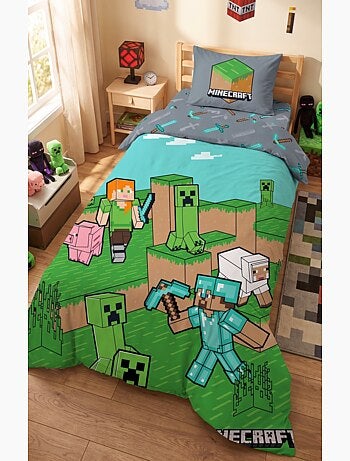 Parure de Lit Enfant Minecraft Animaux, 100% Coton Oeko-Tex, Lit 1 place