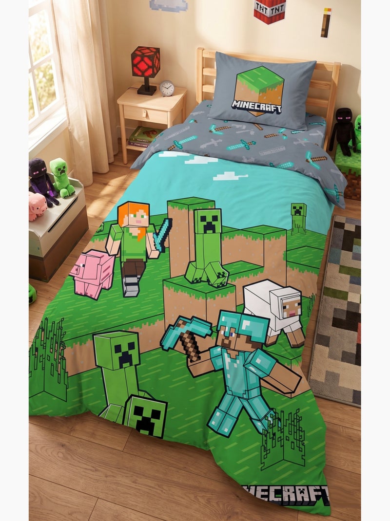 Parure de Lit Enfant Minecraft Animaux, 100% Coton Oeko-Tex, Lit 1 place Bleu Bleu - Kiabi