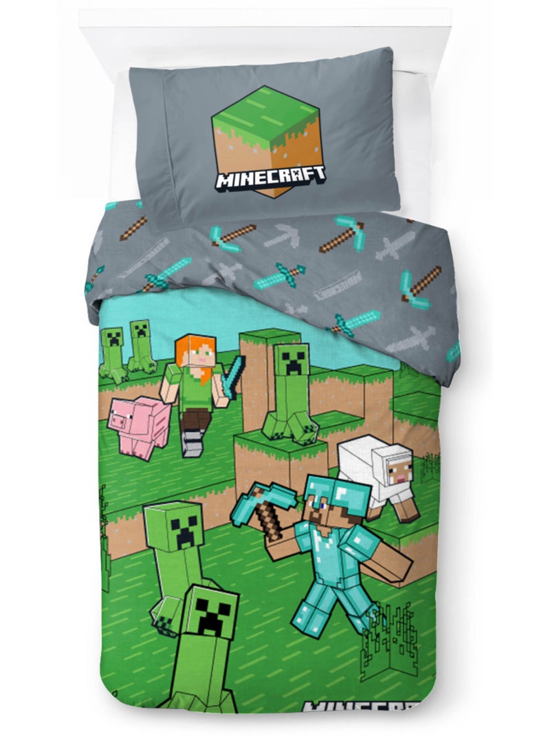 Parure de Lit Enfant Minecraft Animaux, 100% Coton Oeko-Tex, Lit 1 place Bleu Bleu - Kiabi