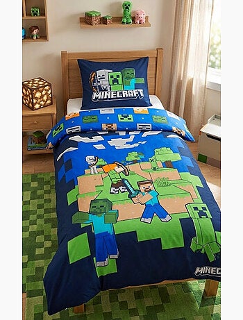 Parure de Lit Enfant Minecraft Back, 100% Coton Oeko-Tex, Lit 1 place