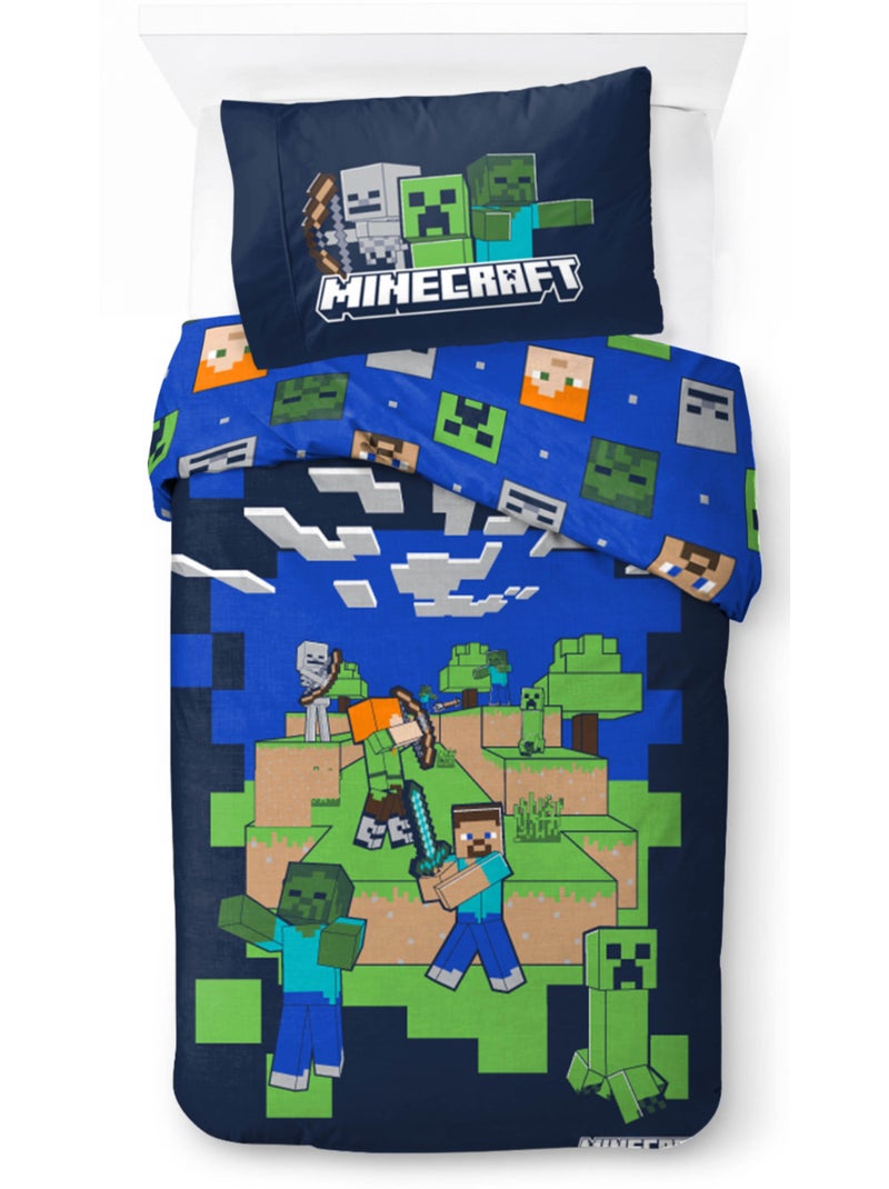 Parure de Lit Enfant Minecraft Back, 100% Coton Oeko-Tex, Lit 1 place Bleu Bleu - Kiabi