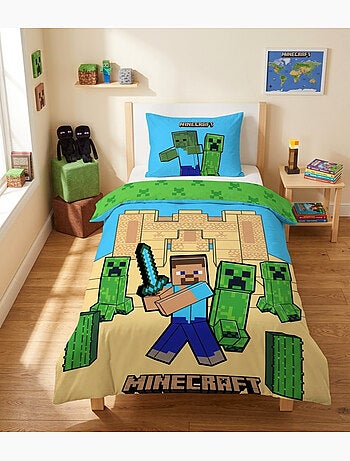Parure de Lit Enfant Minecraft Châteaux, 100% Coton Oeko-Tex, Lit 1 place