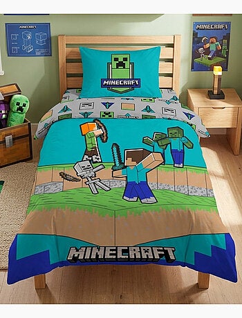 Parure de Lit Enfant Minecraft Combat, 100% Coton Oeko-Tex, Lit 1 place