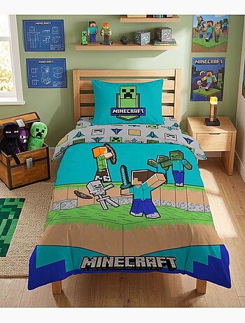 Parure de Lit Enfant Minecraft Combat, 100% Coton Oeko-Tex, Lit 1 place