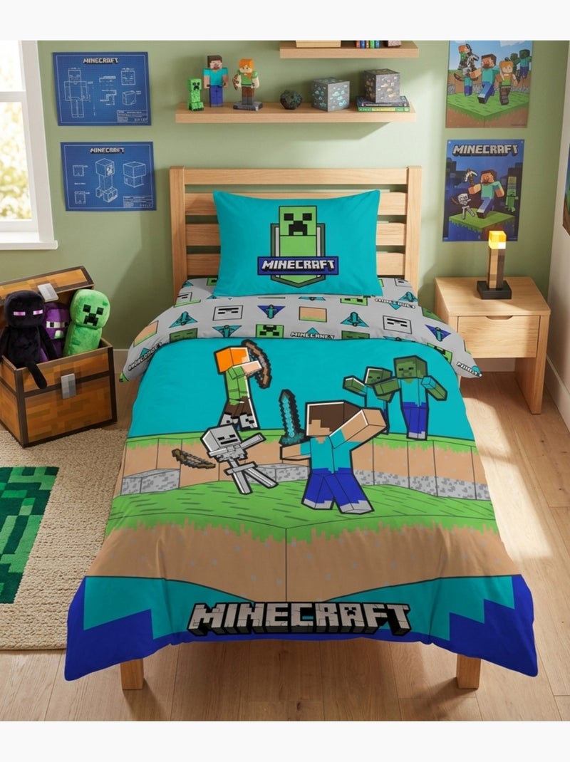 Parure de Lit Enfant Minecraft Combat, 100% Coton Oeko-Tex, Lit 1 place Bleu Bleu - Kiabi