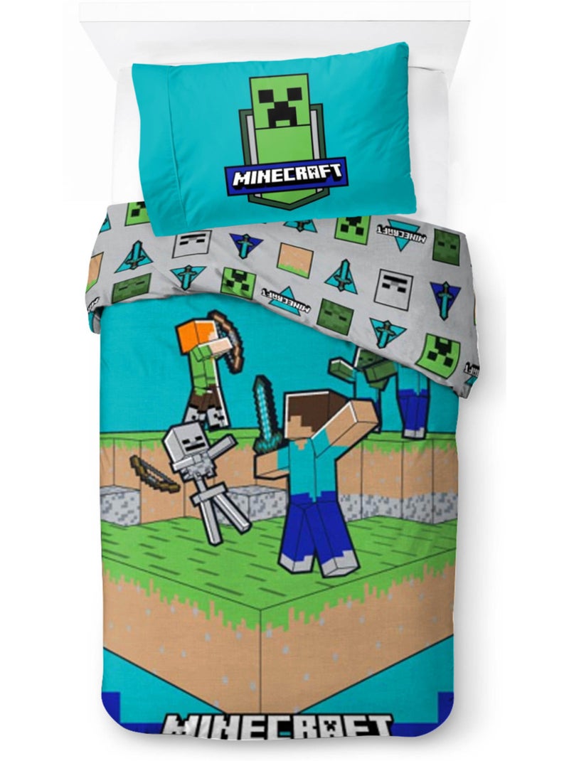 Parure de Lit Enfant Minecraft Combat, 100% Coton Oeko-Tex, Lit 1 place Bleu Bleu - Kiabi