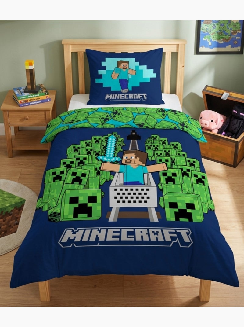 Parure de Lit Enfant Minecraft Creepers, 100% Coton Oeko-Tex, Lit 1 place Bleu Bleu - Kiabi