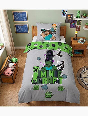 Parure de Lit Enfant Minecraft Explorer, 100% Coton Oeko-Tex, Lit 1 place